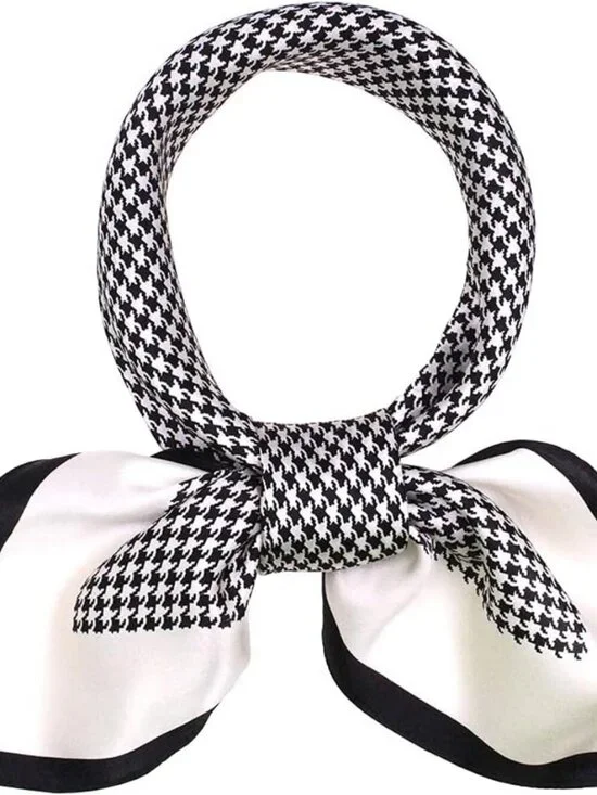 Women's  White Black Houndstooth Scarf for Hair Digital Printed Headscarf Silk