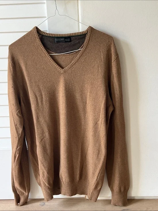 Zara Men's V-Neck Camel Brown Sweater