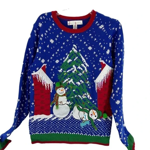 Jolly Sweaters Light Up Christmas Sweater Mens Medium Blue Snowman LED Sequin