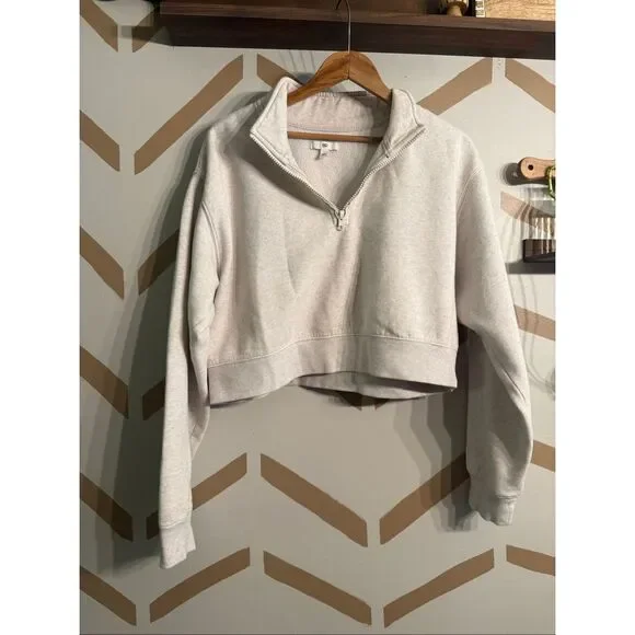BP Heather Gray Long‎ Sleeve Mock Neck Half Zip Cropped Sweatshirt Size Large