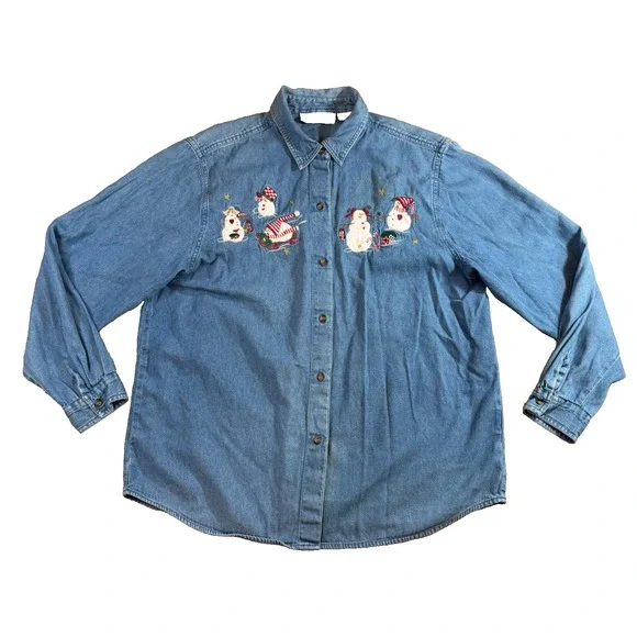 Vtg Womens Denim ButtonUp Shirt XL Christmas Holiday Snowman Embroidery Ugly 90s