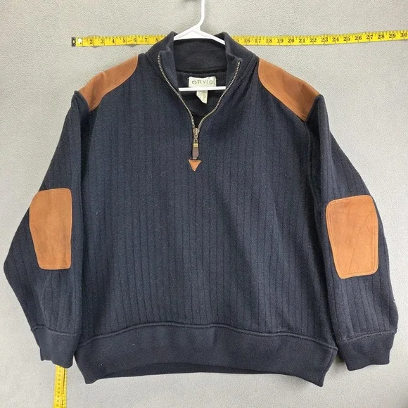 Orvis Jacket Mens 2XL Blue Wool Rib Knit 1/4 Zip Elbow Patches Pullover Sweater