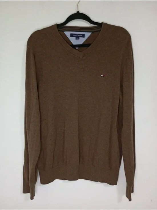 Tommy Hilfiger Sweater Mens Size L Brown V-Neck Long-Sleeve 100% Cotton