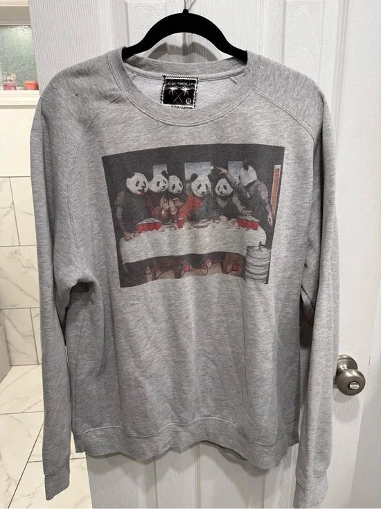 riot society Gray Crewneck Sweater with Panda Party Graphic