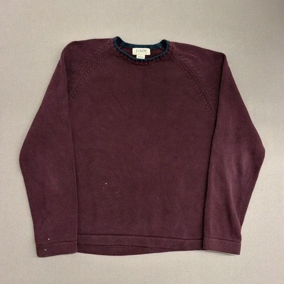 J.Crew Mens Large Burgundy Cotton Raglan Crewneck Sweater Maroon Navy Trim