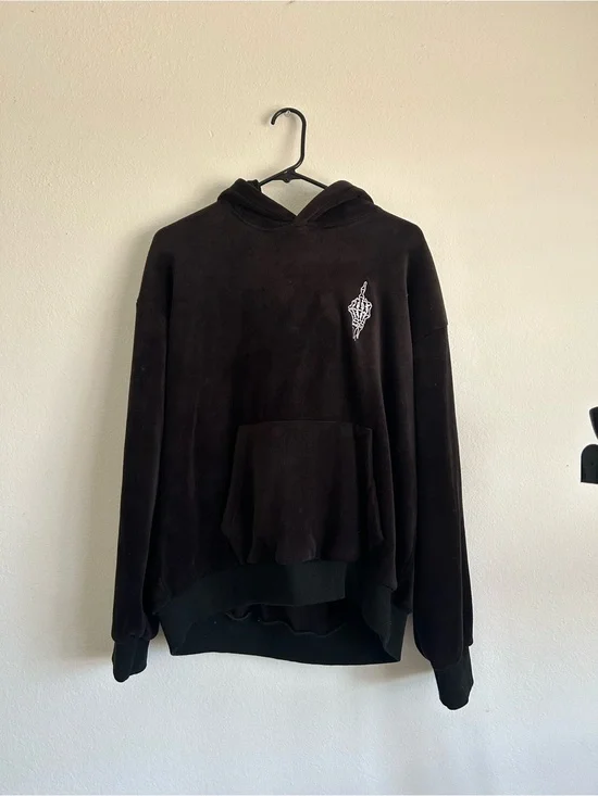 Nokwal Black velour Hoodie with Skeleton hand Embroidered Logo