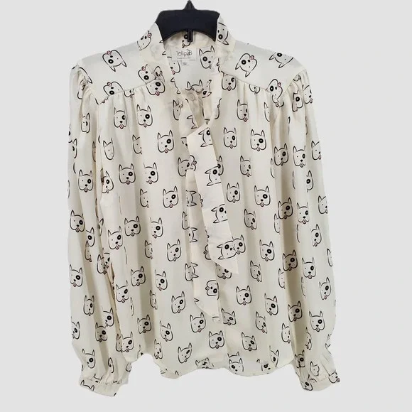 Tulip B Womens Medium French Bulldog Dog Print Tie Neck Blouse Cream EBJT248 New