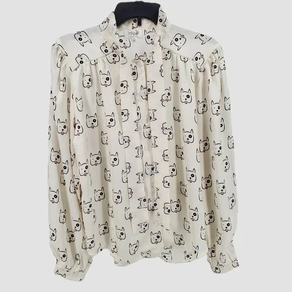 Tulip B Womens XL French Bulldog‎ Dog Print Tie Neck Blouse Cream EBJT248 New