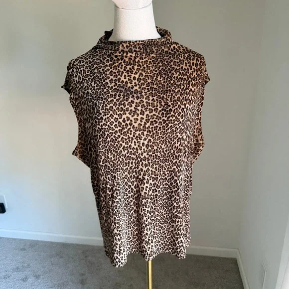 Vintage Sleeveless Mock Roll‎ Neck Cheetah Leopard Print Blouse Top Medium Large