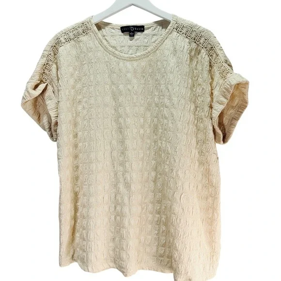 Fred David Textured Knit Top Women L Cream Boho Crochet Lace Short Sleeve Summer