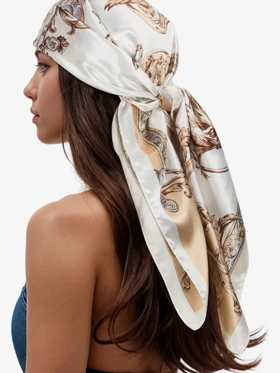 Silk-Feel Cream & Gold Patterned Head Scarf