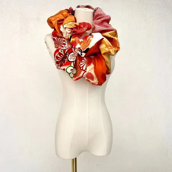 Vintage Japanese Silk Kimono Fabric Patchwork Upcycled Chunky Infinity Scarf
