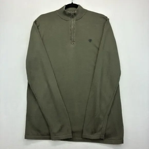 Ariat Men’s Large 1/4 Zip Sweater Olive Green Cotton Modal Western Pullover