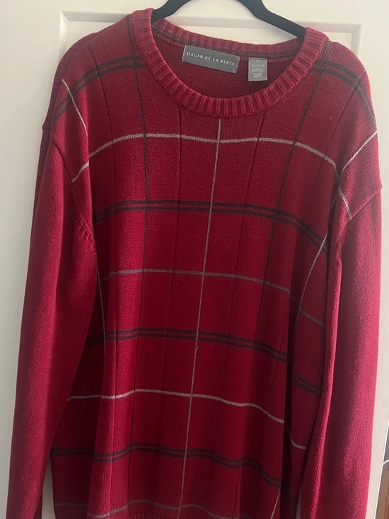 Vintage Oscar de la Renta Red Plaid Crewneck Sweater with Black and Gray pattern