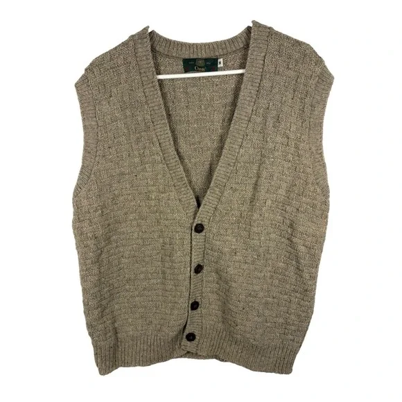 Vintage Orvis Tan 100% Wool Button Front Cardigan Sweater Vest Men M Grandpa Dad