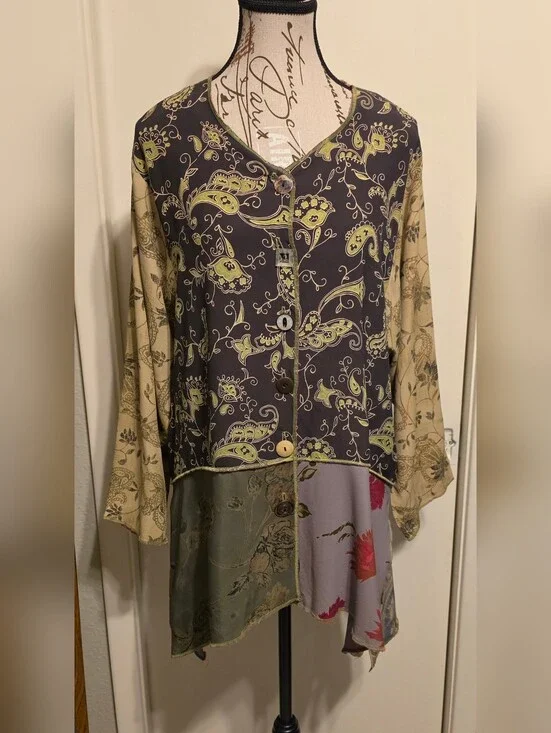 Nothing Matches Mixed Media Sz 1 Large Vintage 90's Blouse Art To Wear Lagenlook
