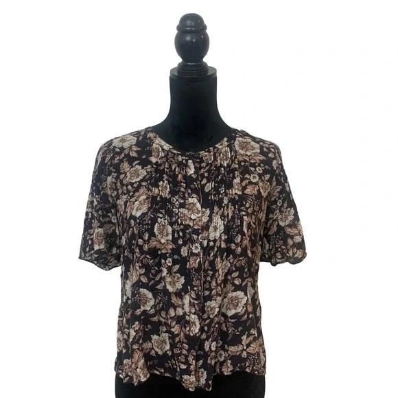 Denim & Supply Ralph Lauren Womens XS Floral Pintuck Short Sleeve Blouse Black‎