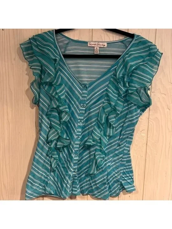 French Laundry Green and White Button Down Blouse XL