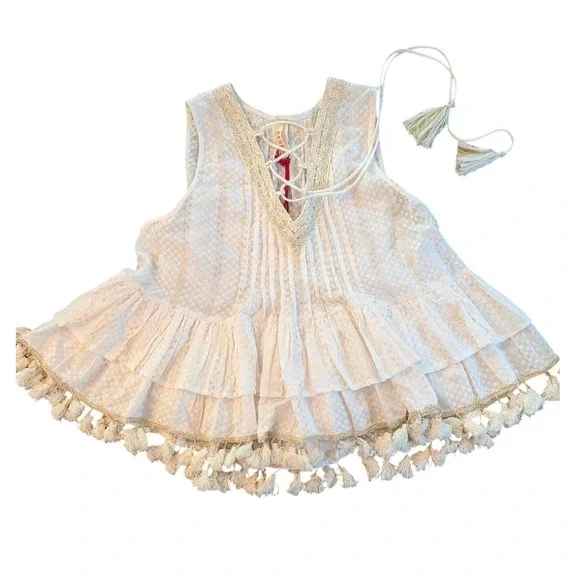 RAGA Junior XS‎ White Gold Metallic Polka Dot Tassel Babydoll Boho Top NWT