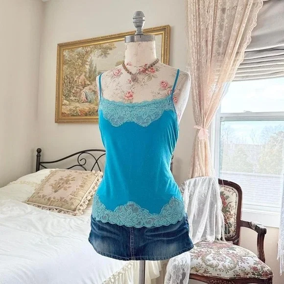 Blue lace cami  Y2K turquoise‎ lace trim cami versailles size large