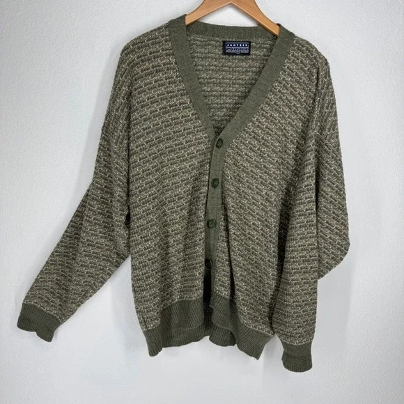 Jantzen Vintage Mens Green Textured Knit Button Grandpa Cardigan Sweater Large