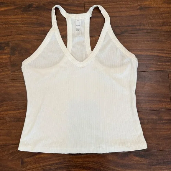 White Ribbed Racerback‎ Crop Tank Top V-Neck Baby Tee Cami Size L 90's Y2K