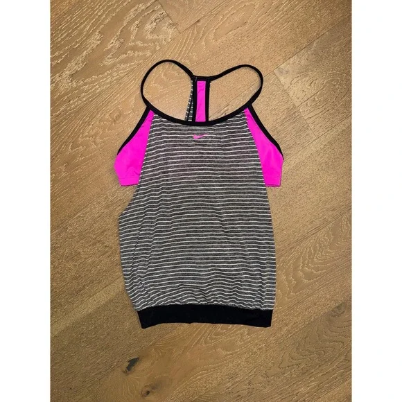 Nike Womens 2-in-1 Tank Top Built-in Sports Bra‎ Striped Pink Grey XL