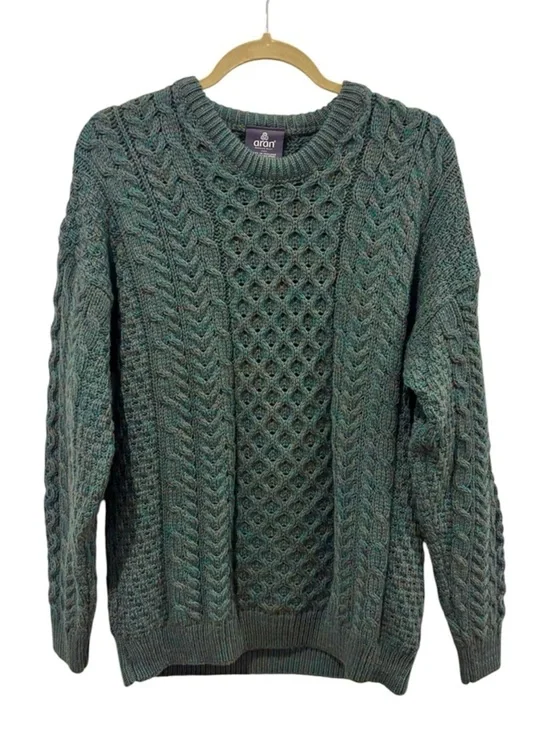 Aran Mills Men’s Merino Wool Crew Neck Cable Knit Sweater Medium Ireland EUC