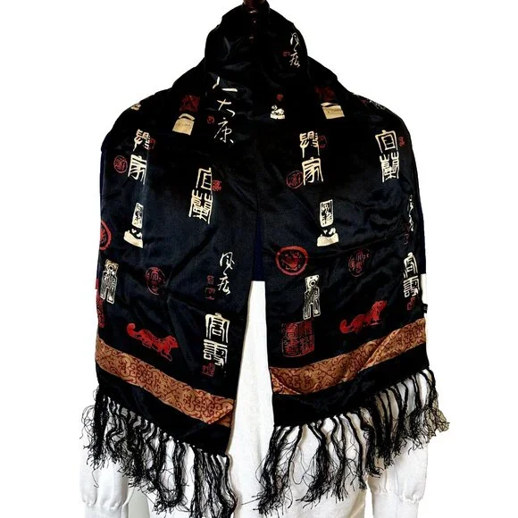 Pure Silk Black Scarf Wrap Shawl 10.5