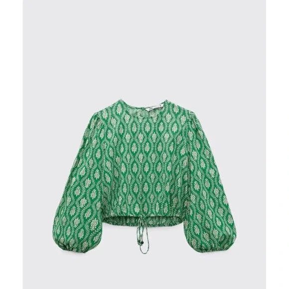 Zara Green White Leaf Print Puff Sleeve Drawstring Cropped Blouse Top XS