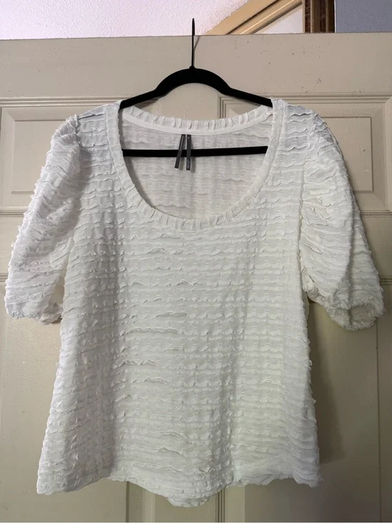 Anthropologie White Textured Scoop Puff Sleeve Top