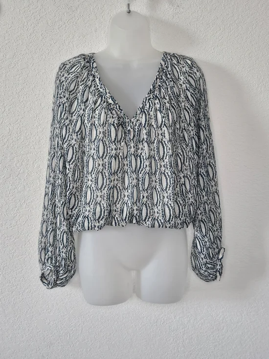 Zara M Blue Cream Abstract Print Metallic Gold Stripe Balloon Sleeve Blouse