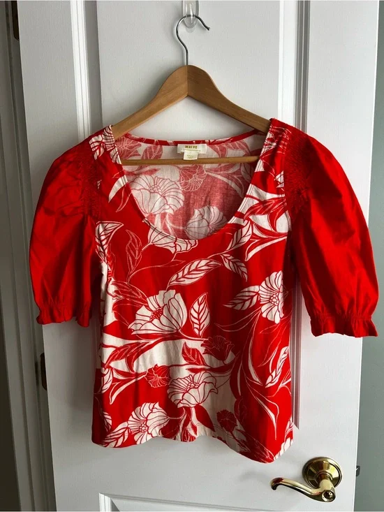 Maeve Anthropologie Red White Floral Puff Sleeve Smocked Top Boho Size S