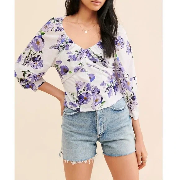 Anthropologie‎ Purple Floral Cotton Sweetheart Neck Blouse Top XL NEW OB1467970