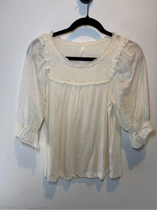 Anthropologie Cream Smocked Ruffle Yoke Blouse‎