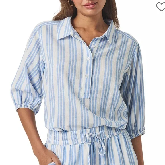 Splendid Allison Popover Top Blue White Striped Linen Blend‎ 3/4 Sleeve Size XS