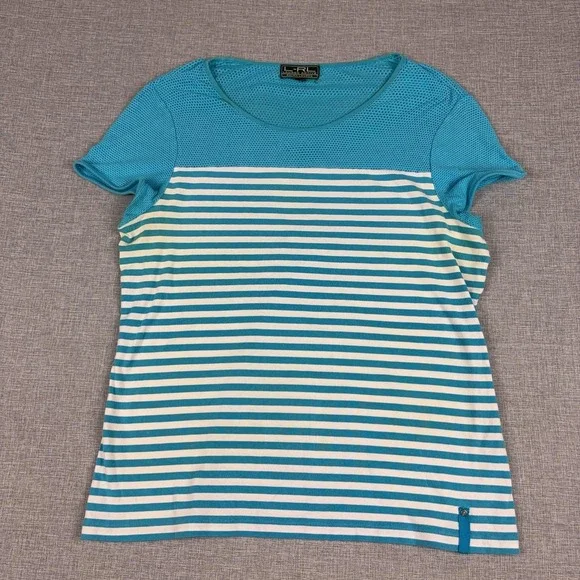 Lauren Ralph Lauren T-Shirt Womens Medium Blue Striped Mesh Active Athletic Top