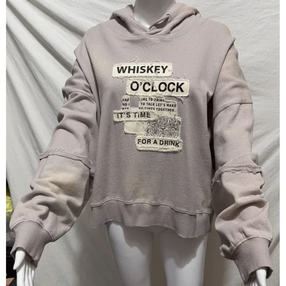 Cleo + Wolf Size Large Whiskey O' Clock Time For A Drink Cropped Beige Hoodie‎