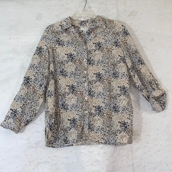 Croft & Barrow Floral Button Down Shirt Black Grey Tan Roll Tab Sleeves Size LG