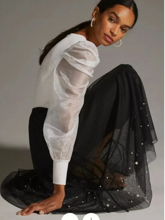 NWT Anthropologie Dolan Left Coast White Ribbed Puff Sheer Organza Sleeve Top‎