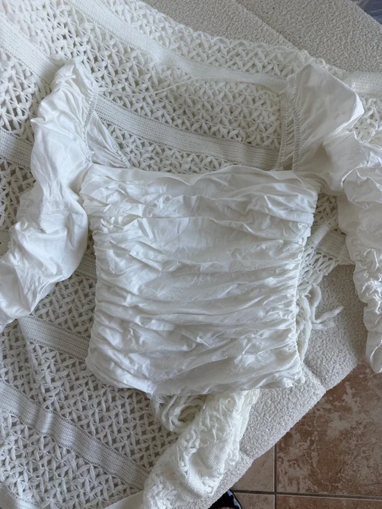 Reformation White Ruched Square-Neck Blouse