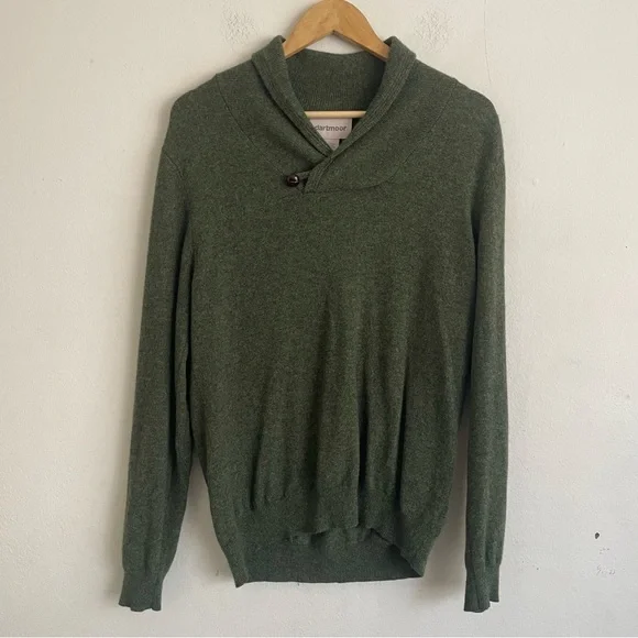 Dartmoor 100% Cashmere Shawl Collar Sweater Green Large Button Neck Pullover