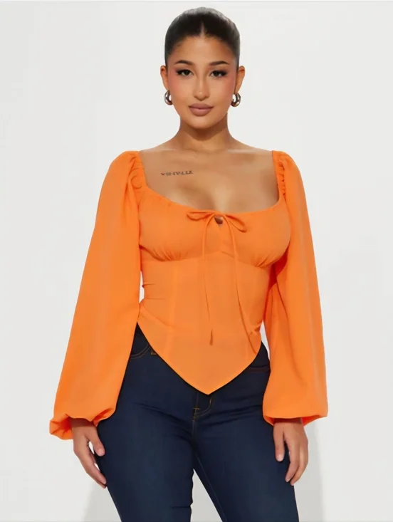 Fashion Nova Myrtie Peasant Top Bodycon Corset Shirt Bright Orange Size Medium