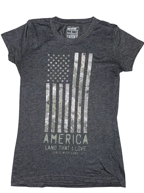 America Land That I Love Patriotic Flag Graphic Tee Women’s Small Gray USA