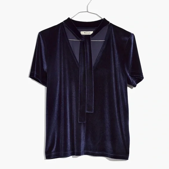 Madewell Velvet Tie Neck Top Nightfall Blue Size Small