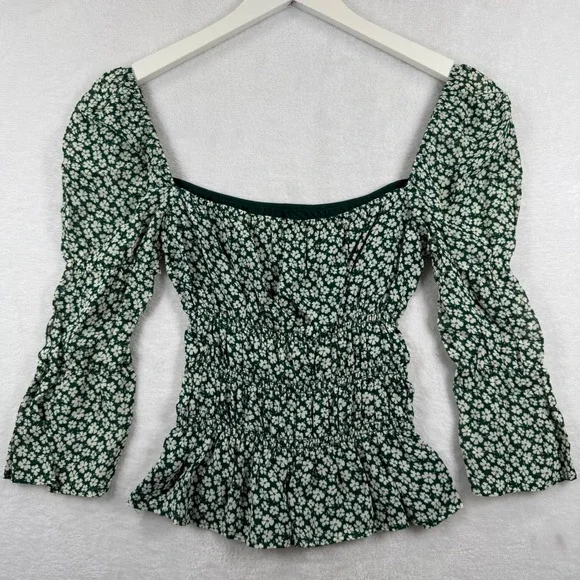 Reformation‎ Green Floral Smocked Peplum Top Square Neck Puff Sleeve Medium