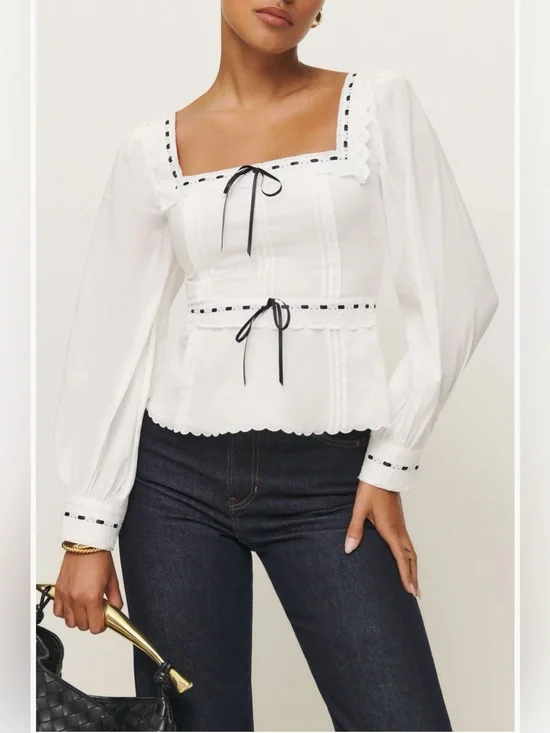 NWOT Reformation Haisley Ribbon Accent Organic Cotton Peplum Top Size 10
