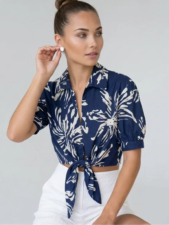 🌻Zara Blue White Floral Crop Top Tie Front Puff Sleeve Button Up Blouse Medium