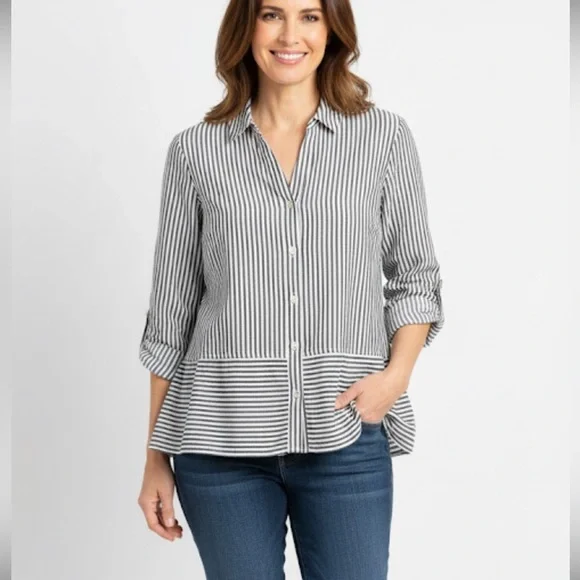 Jones New York Striped Button-Up rolled sleeves Blouse size S
