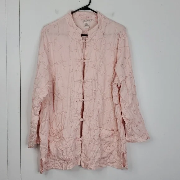 Silhouettes Linen Tunic Button Front Embroidered Palm Trees Pink Womens 1X